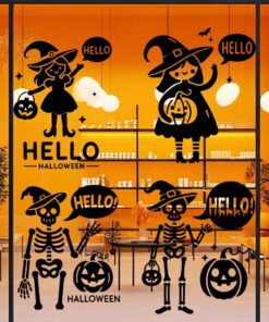 ฟิล์มสูญญากาศติดกระจกลาย "Hello Halloween" โครงกระดูกและแม่มด หนา 140 ไมครอน พิมพ์ด้วยหมึก UV ทนทาน ไม่ซีดจาง