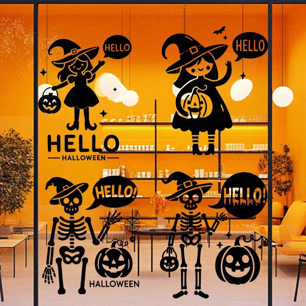 ฟิล์มสูญญากาศติดกระจกลาย "Hello Halloween" โครงกระดูกและแม่มด หนา 140 ไมครอน พิมพ์ด้วยหมึก UV ทนทาน ไม่ซีดจาง
